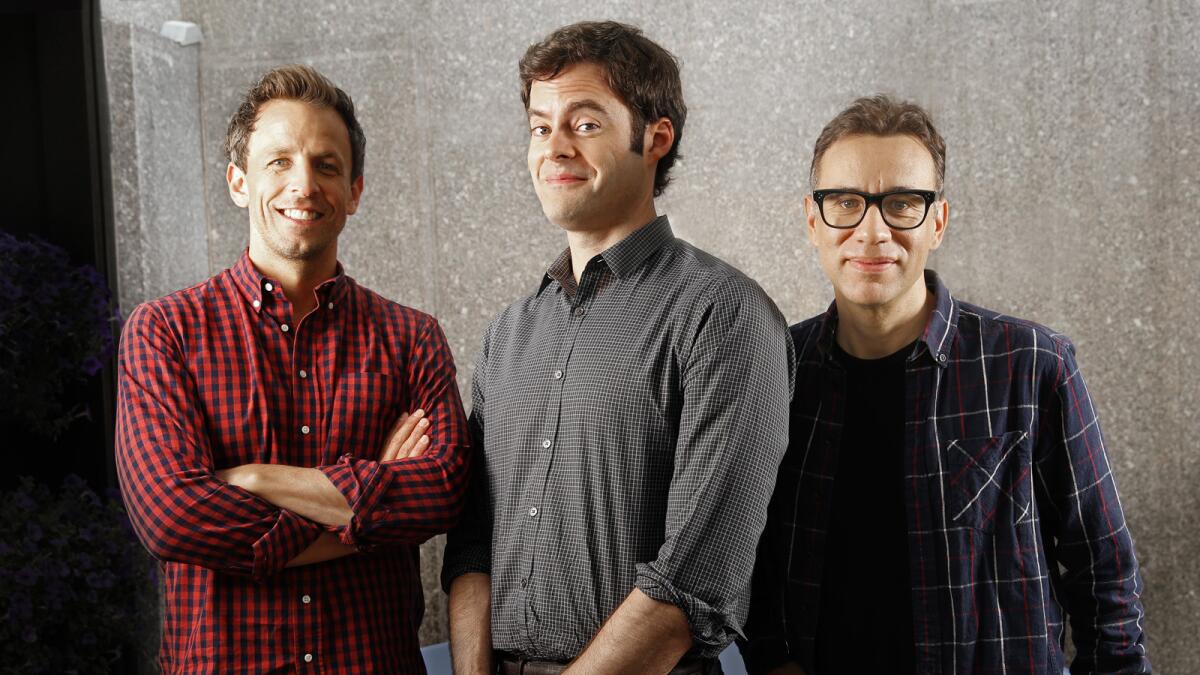 Seth Meyers, left, Bill Hader and Fred Armisen came up with the new IFC series “Documentary Now!” after an “SNL” show.