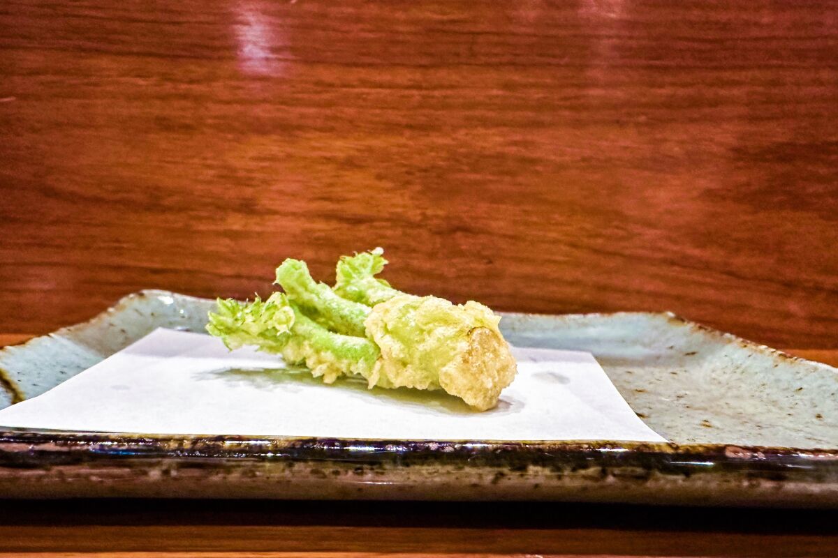 Taranome, or buds from the angelica tree, served at Tempura Yokota in Tokyo.