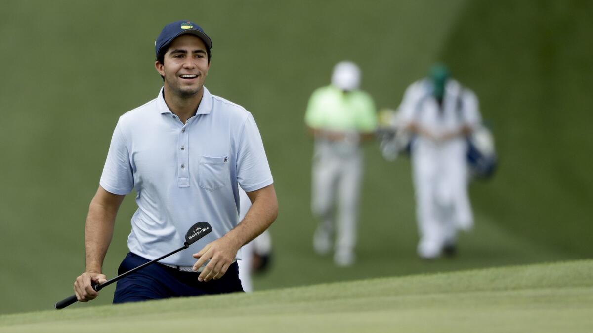 Alvaro Ortiz walks up to the seventh green during a Masters practice round Monday in Augusta, Ga.