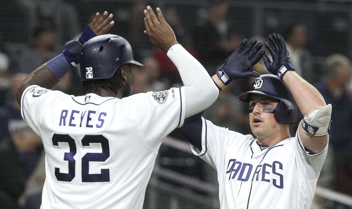 Hunter Renfroe, right, celebrates a home run with Franmil Reyes in the Padres' game against the Nationals on June 6.