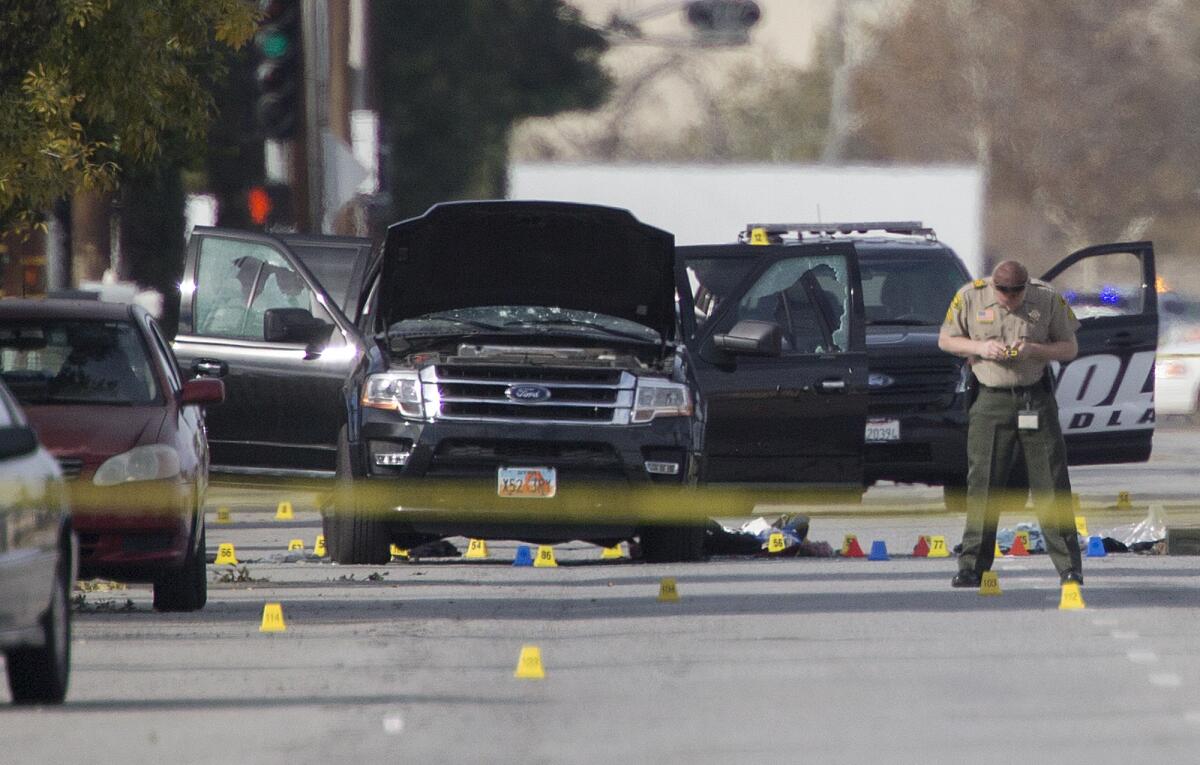 The aftermath of the shootout that stopped the San Bernardino terrorists in 2015.