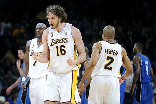 Lakers power forward Pau Gasol reacts after making a three-point play in overtime on Sunday.