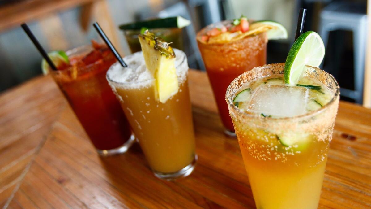 Four varieties of micheladas made at Colonia Publica in Whittier, Calif.