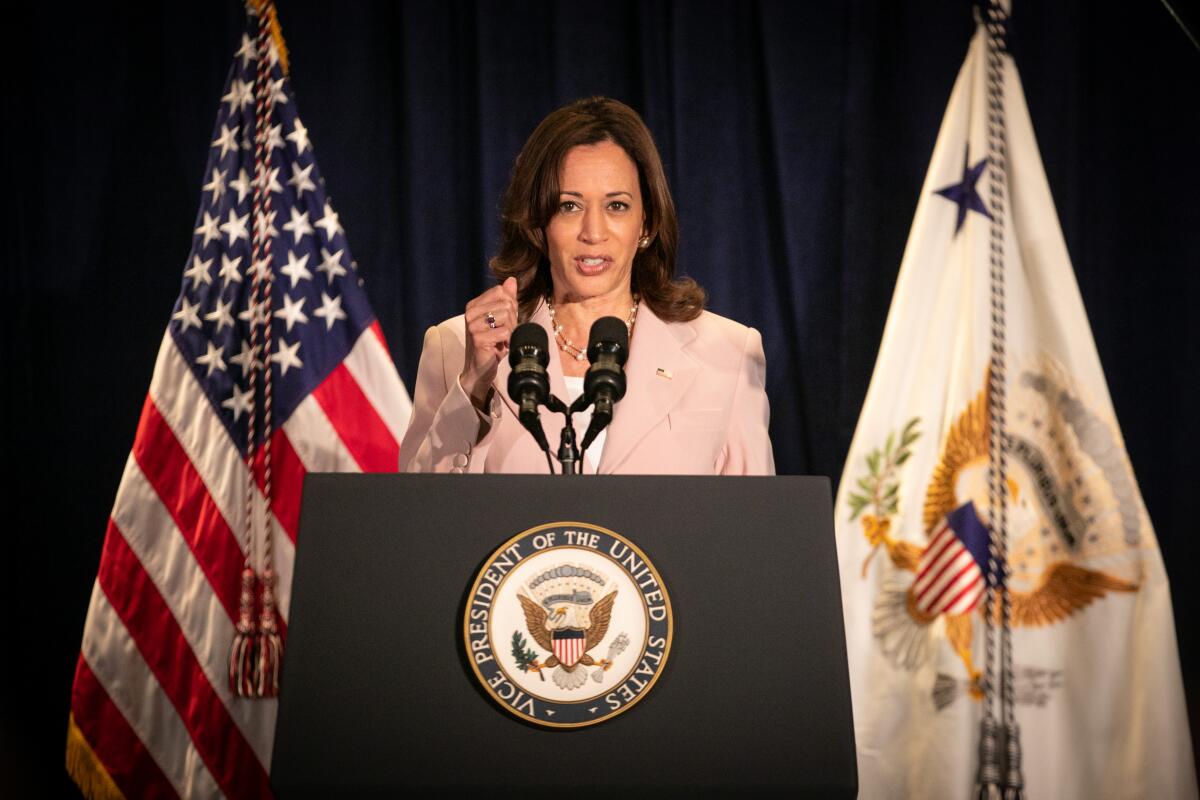 A woman speaking from behind a lectern and in front of two flags.