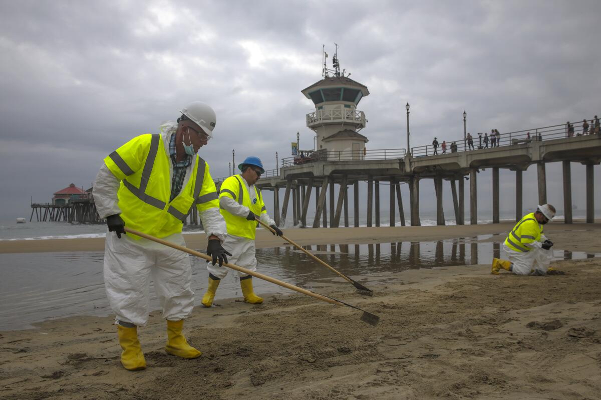 Workers in protective gear comb the Huntington Beach shoreline with the pier and a cloudy sky in the background