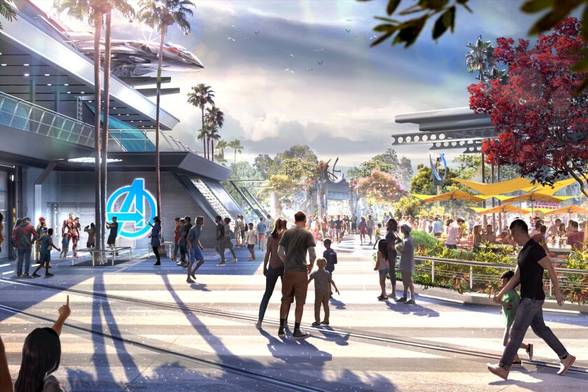 Avengers Campus is an entirely new land dedicated to discovering, recruiting and training the next generation of heroes, opening in summer 2020 at Disney California Adventure Park in Anaheim, California. To the right of the image, the outdoor seating area at Pym Test Kitchen is a great place to fuel up and watch for Super Heroes at the nearby Avengers Headquarters. (Disneyland Resort)