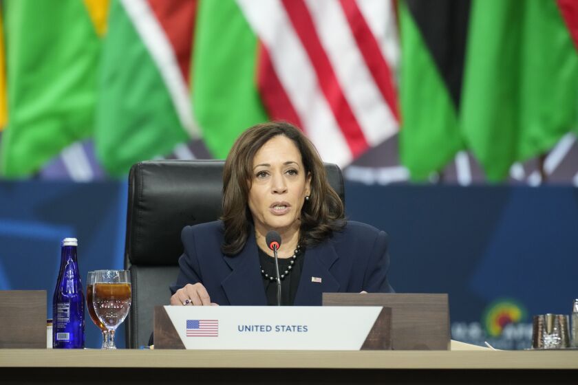 FILE - Vice President Kamala Harris speaks at a working lunch during the U.S. Africa Leaders Summit at the Walter E. Washington Convention Center in Washington, Dec. 15, 2022. Harris will try to deepen and reframe U.S. relationships in Africa during a weeklong trip that begins Saturday, the latest and highest profile outreach by the Biden administration as it moves to counter China's growing influence. (AP Photo/Andrew Harnik, File)