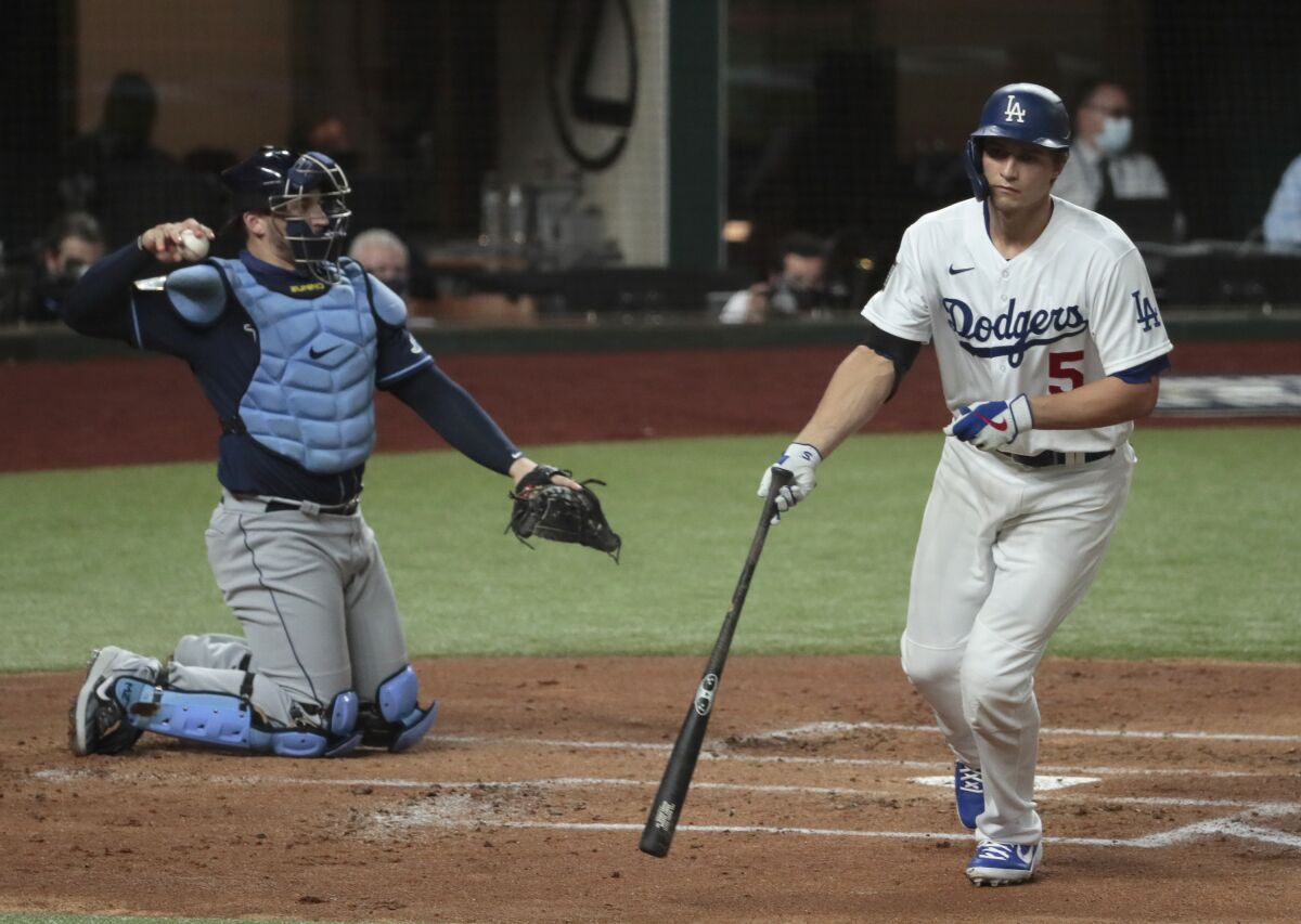 Dodgers shortstop Corey Seager walks during the first inning in Game 1 of the World Series against the Tampa Bay Rays.