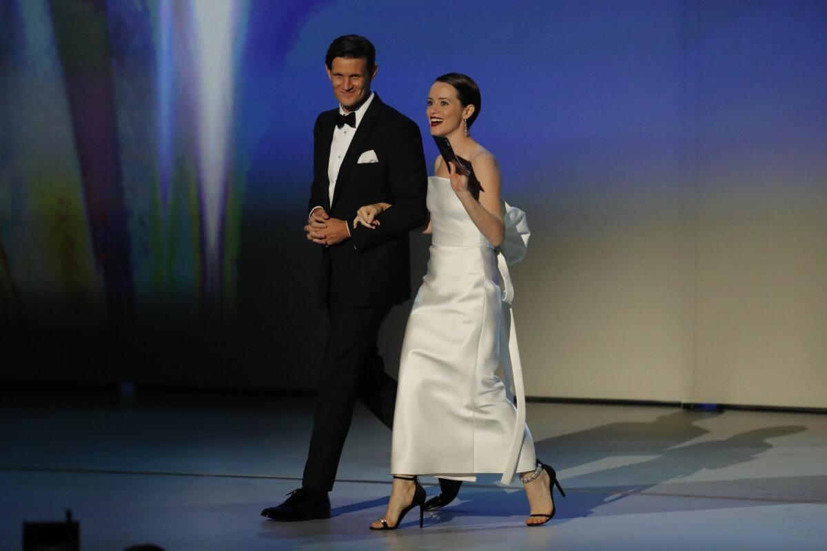 Matt Smith and Claire Foy during the 70th Primetime Emmy Awards in Los Angeles.