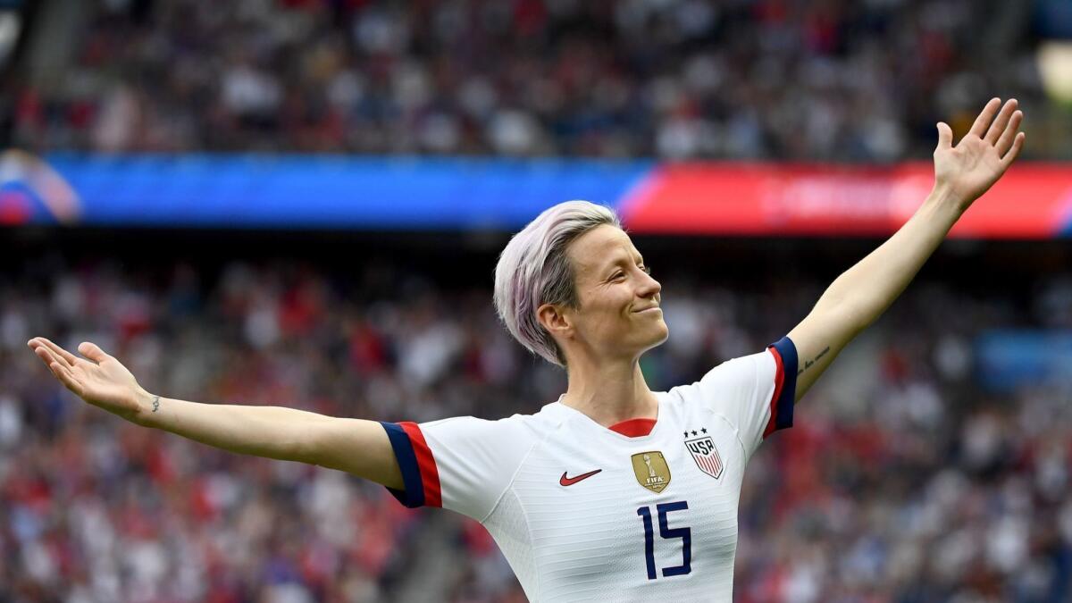 United States' forward Megan Rapinoe celebrates scoring her team's first goal during the Women's World Cup quarter-final football match between France and United States, on June 28.