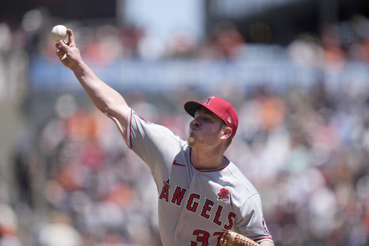 Angels pitcher Dylan Bundy works against the San Francisco Giants. (AP Photo/Tony Avelar)
