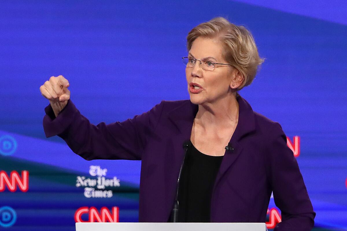 Elizabeth Warren speaks during the Democratic debate.