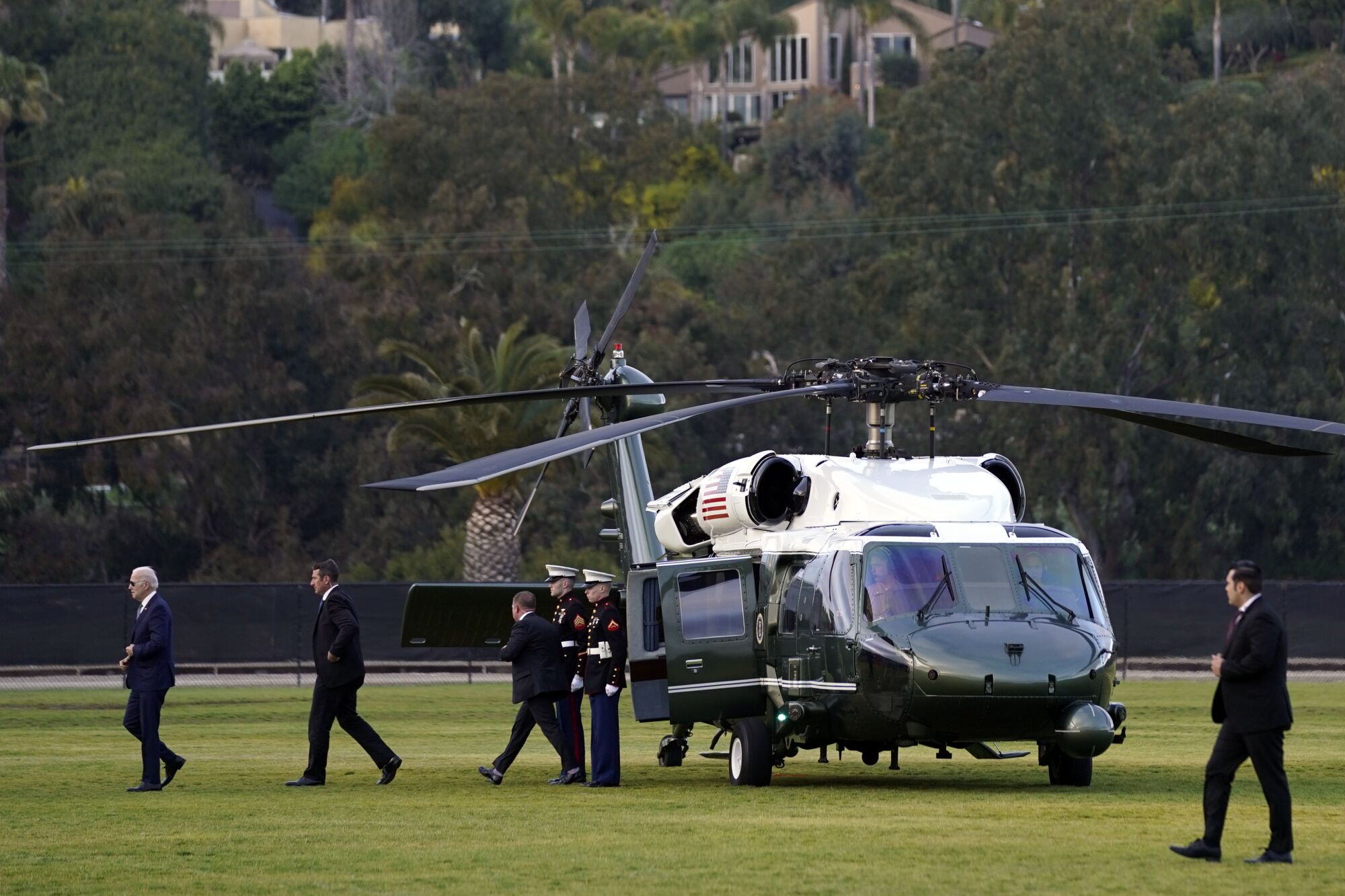 President Joe Biden arrives on Marine One Monday, March 13, 2023, in Del Mar, Calif., as he heads to a fundraiser.