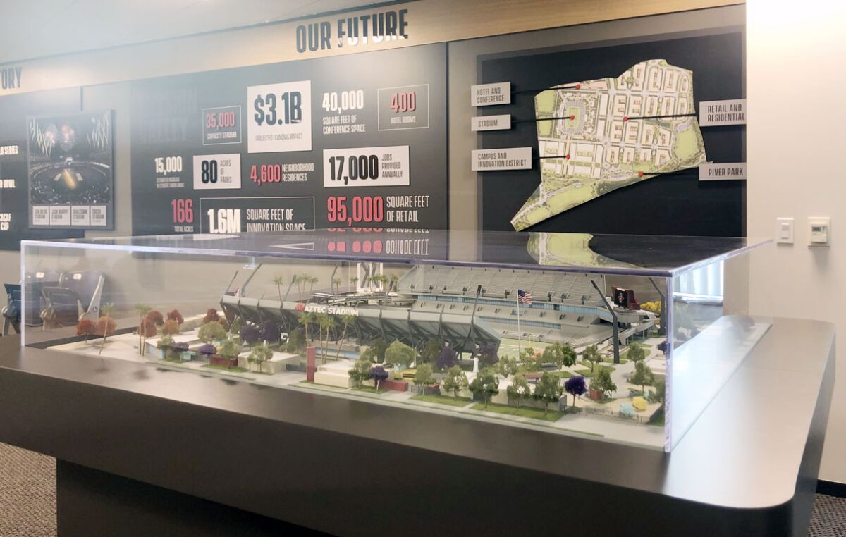 A scale model of Aztec Stadium sits in front of details for development of the SDSU Mission Valley property.