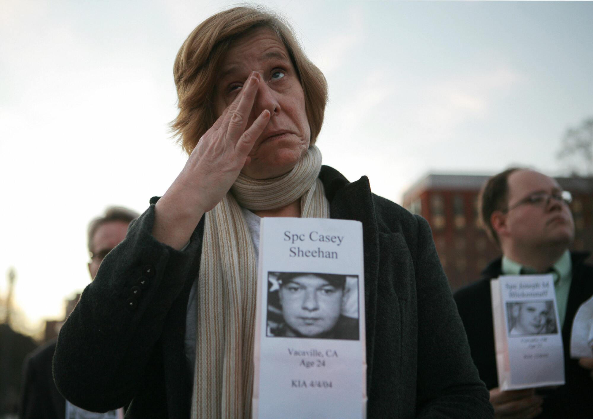 Peace activist Cindy Sheehan holds a picture of her son Casey Sheehan, who was killed in Iraq.