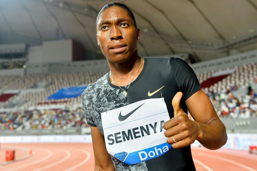 Mandatory Credit: Photo by NOUSHAD THEKKAYIL/EPA-EFE/REX (10227727bj) Caster Semenya of South Africa celebrates after winning the women's 800m race during the IAAF Diamond League athletics meeting in Doha, Qatar, 03 May 2019. IAAF Diamond League 2019 in Doha, Qatar - 03 May 2019 ** Usable by LA, CT and MoD ONLY **