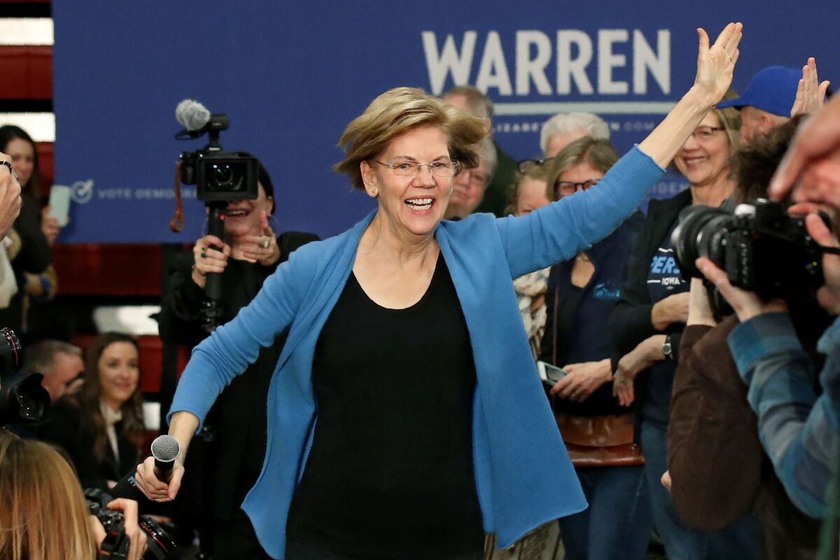 Democratic presidential candidate Sen. Elizabeth Warren (D-Mass.) arrives for a campaign event Saturday in Cedar Rapids, Iowa.