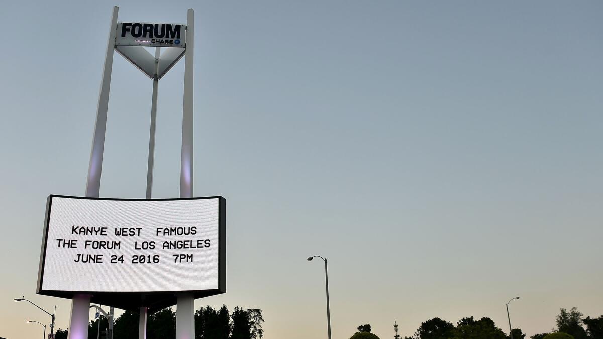 The marquee for the Kanye West video premiere for "Famous" is displayed outside of Forum on Friday.