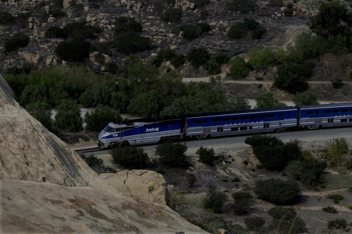 A rail and tunnel for Metrolink and Amtrak is near the trail for Stoney Point, with the Pacific Surfliner passing through periodically.
