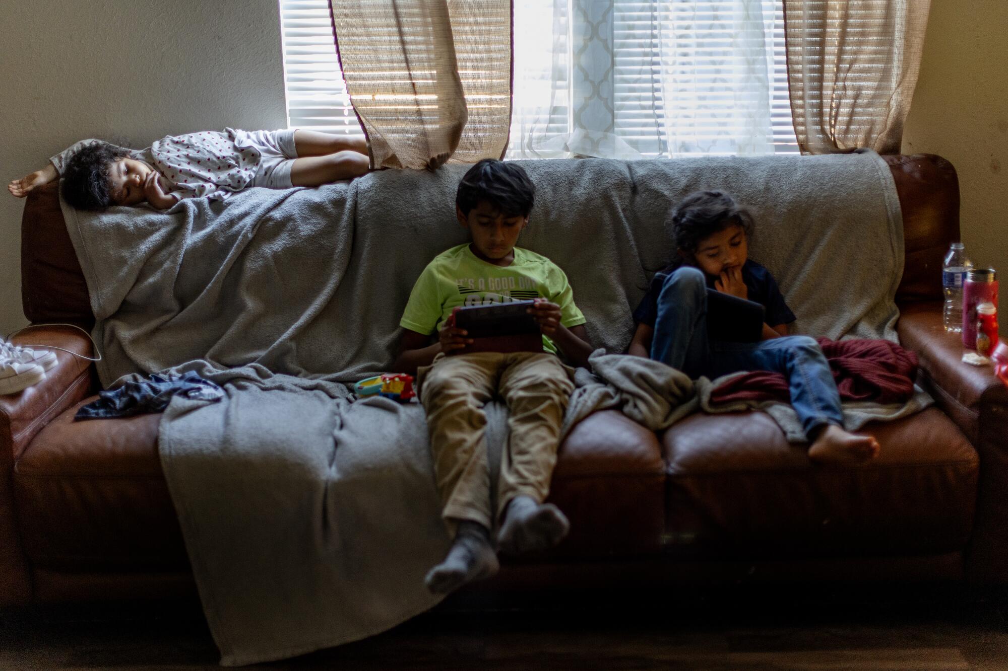As farmworker Hilaria Santiago prepares dinner as her children hang out on the couch in their mobile home in Thermal.