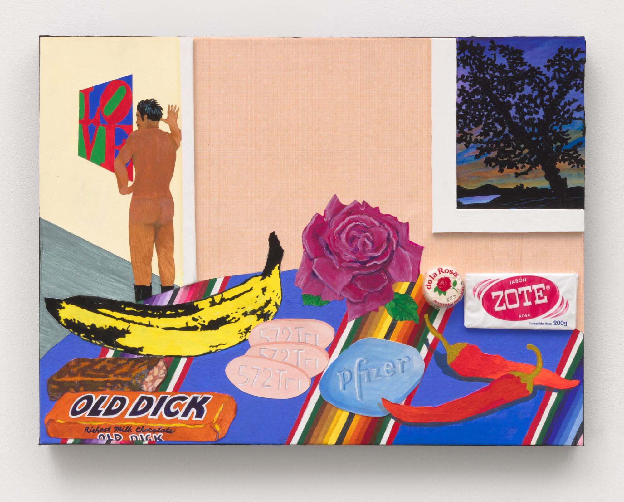 A still life by Joey Terrill features candy, HIV medication and a large banana with a nude man in the background.