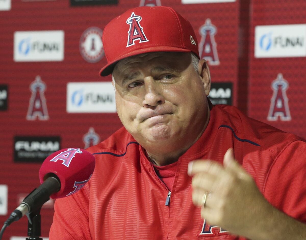 Los Angeles Angels manager Mike Scioscia announces that he will not return as Angels manager after 19 seasons, ending the longest current tenure in Major League baseball, following his last game, a 5-4 win over the Oakland Athletics in Anaheim, Calif., Sunday, Sept. 30, 2018.