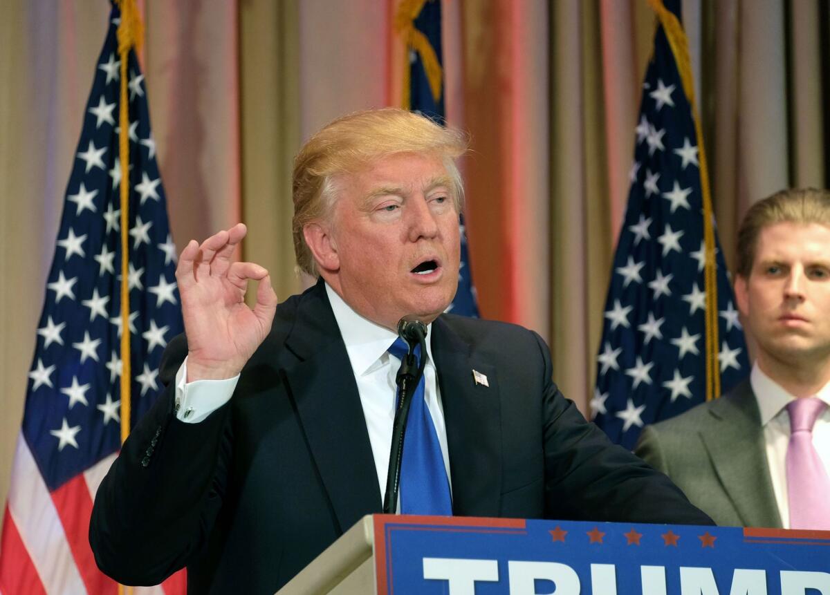 Donald Trump speaks to reporters during a Super Tuesday election night news conference at his Mar-a-Lago Club estate in Palm Beach, Fla..