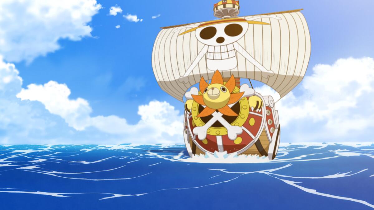 The pirate ship Thousand Sunny sails the sea.