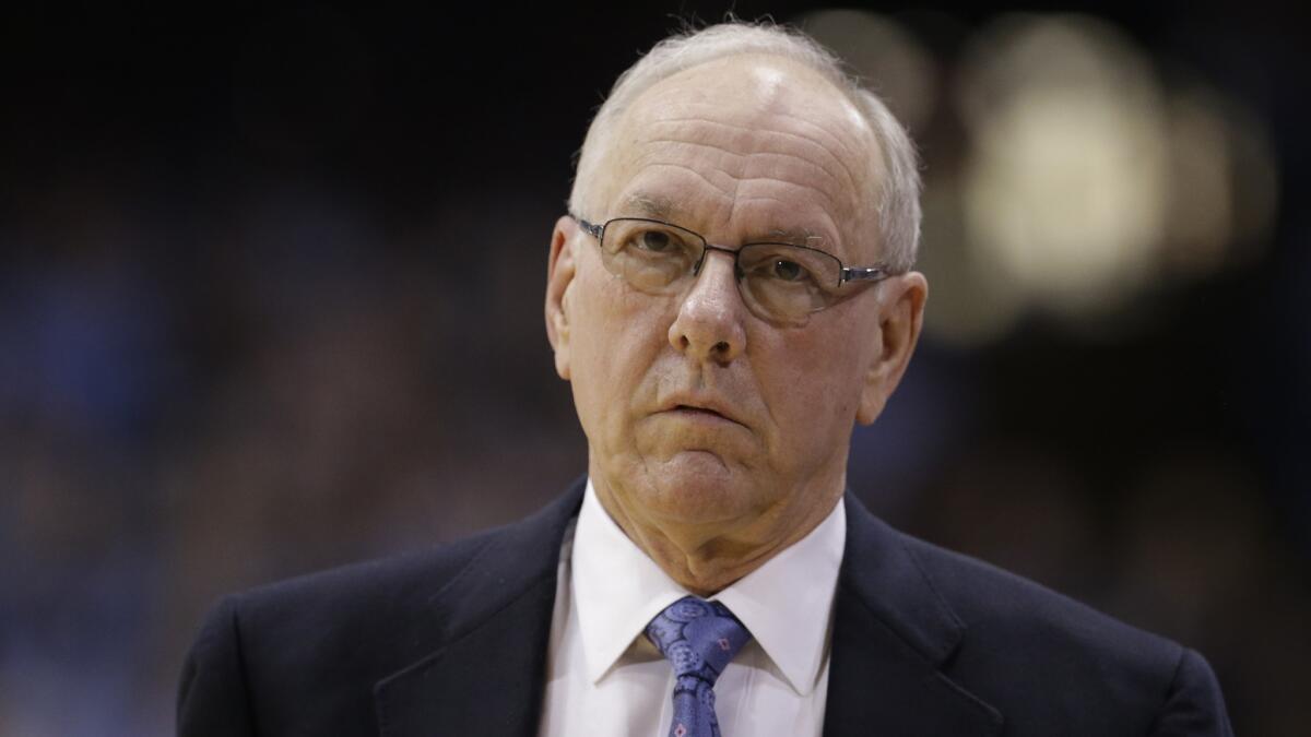 Syracuse Coach Jim Boeheim looks on during a game against North Carolina on Jan. 26, 2015.