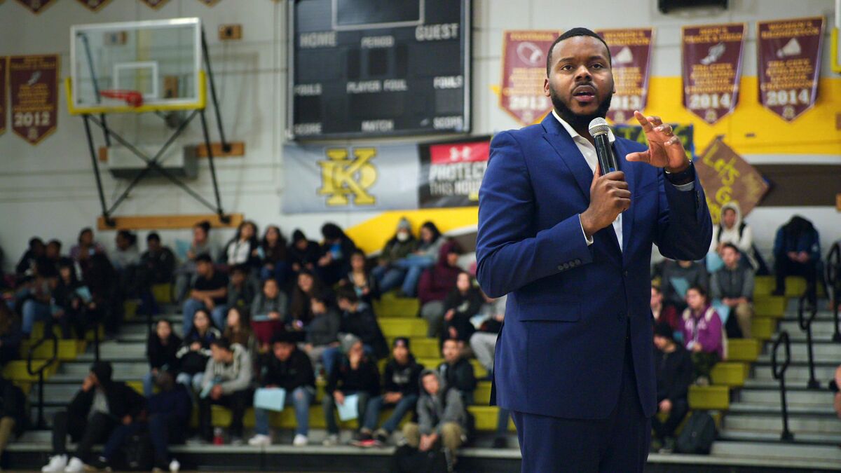 In this image released by HBO, Mayor Michael Tubbs speaks to high school students in Stockton, Calif., in a scene from the documentary "Stockton On My Mind." The film dives into the dreams of an unlikely mayor, who became the community’s youngest and first Black mayor in 2016, and who defied odds to lead his impoverished, Central California city. (HBO via AP)