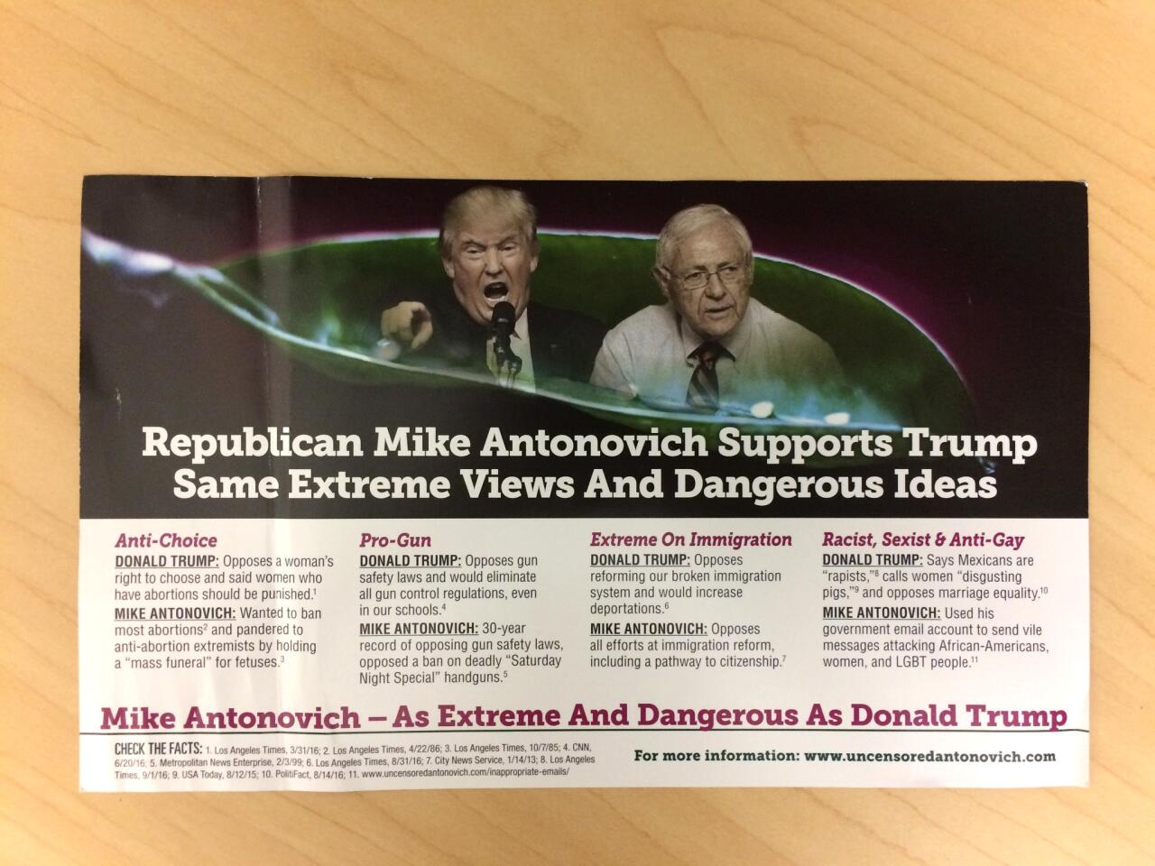 This Anthony Portantino mailer portrays Trump and Portantino's opponent, Mike Antonovich, as "two peas in a pod."