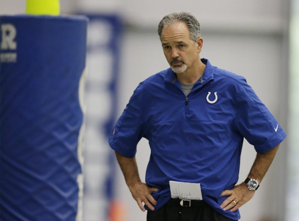 Indianapolis Colts Coach Chuck Pagano watches rookie minicamp on May 10.