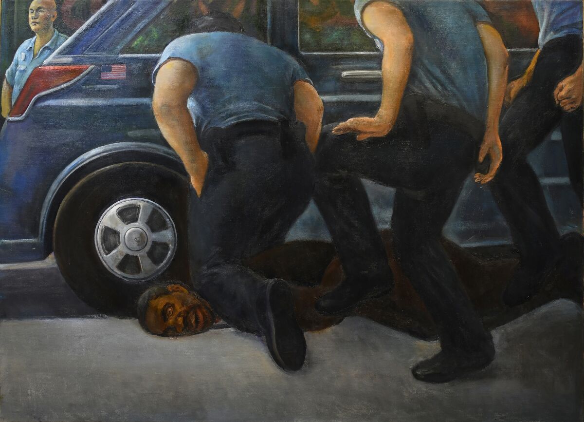 "Floyd" is an oil painting depicting the brutal death of George Floyd by New York based painter, Don Perlis.