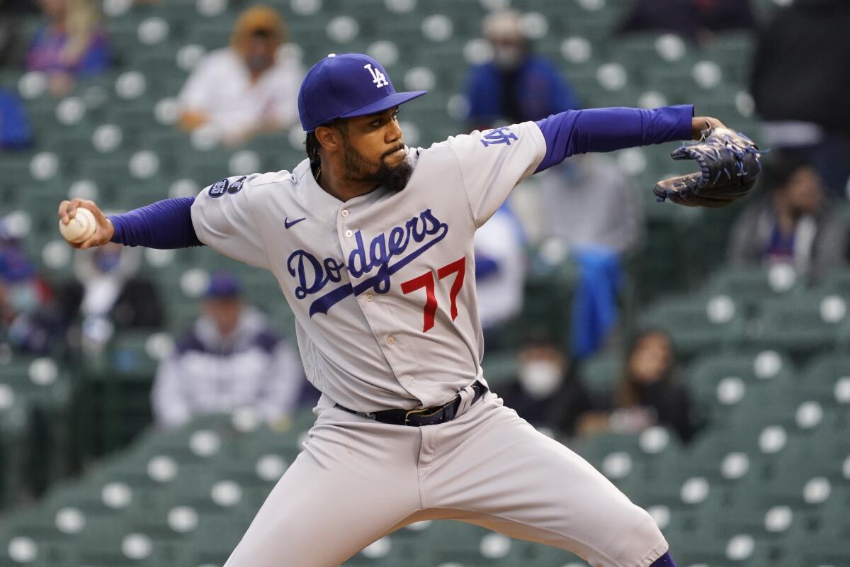 Dodgers relief pitcher Dennis Santana delivers against the Chicago Cubs on May 4.
