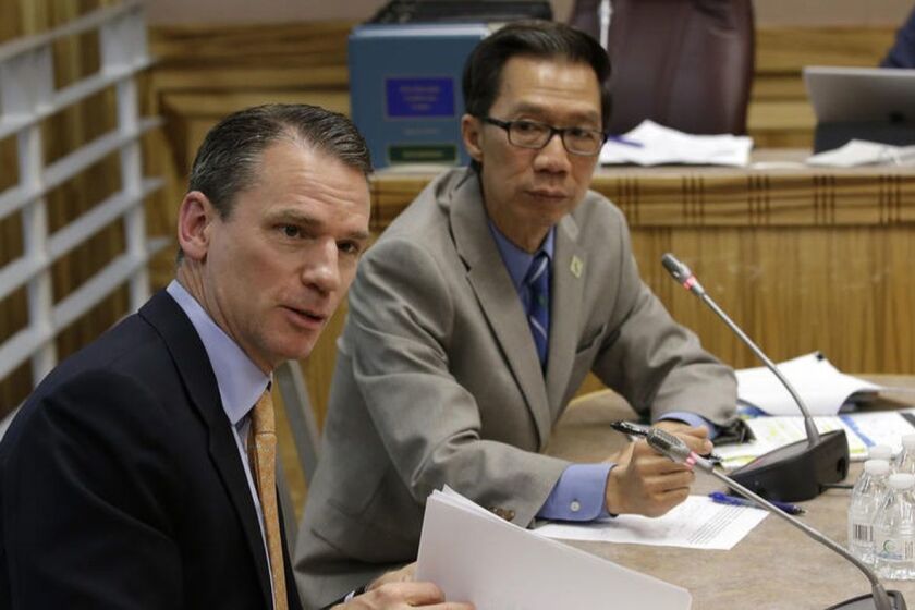 Alastair Mactaggart, left, the sponsor of a proposed internet privacy initiative, backed a similar bill by Assemblyman Ed Chau (D-Arcadia).