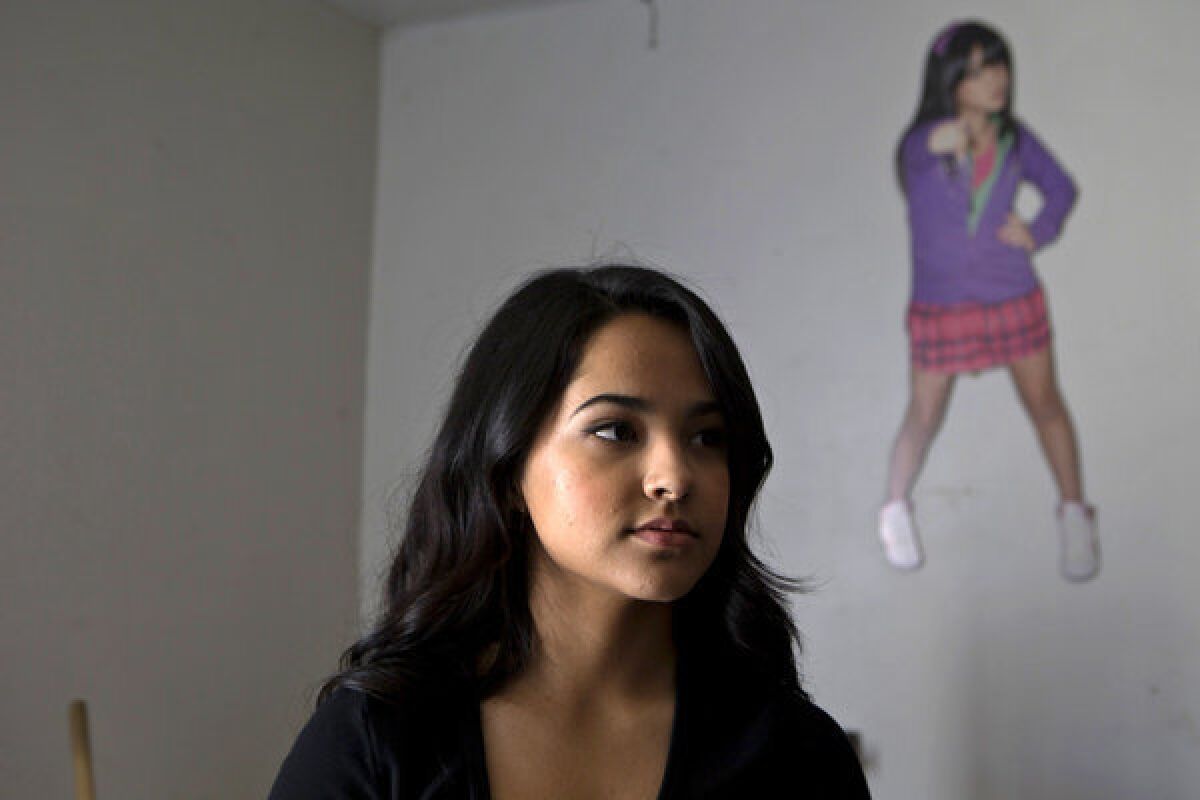 A poster of a 10-year-old Becky G hangs on the wall of the converted garage she once lived in with her parents.