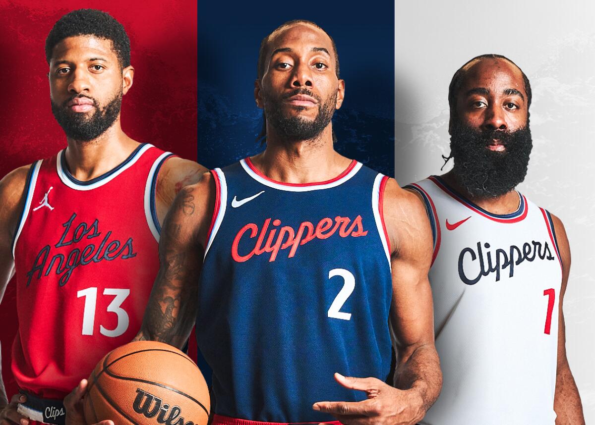 Clippers stars wear new uniforms: Paul George in red, Kawhi Leonard in blue and James Harden in white.