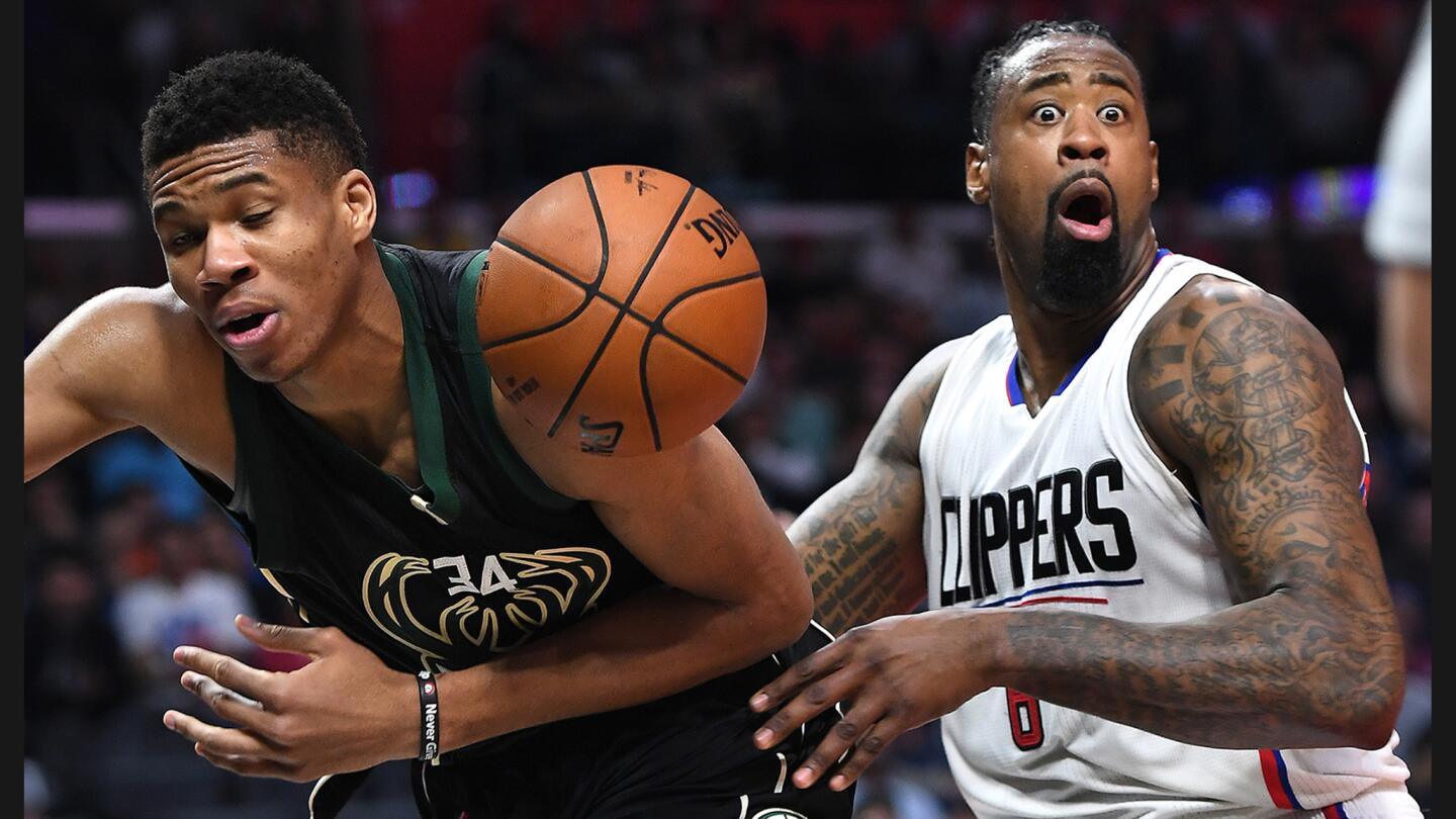 Clippers center DeAndre Jordan reacts after being called for a foul while defending Bucks forward Giannis Antetokounmpo during the fourth quarter.
