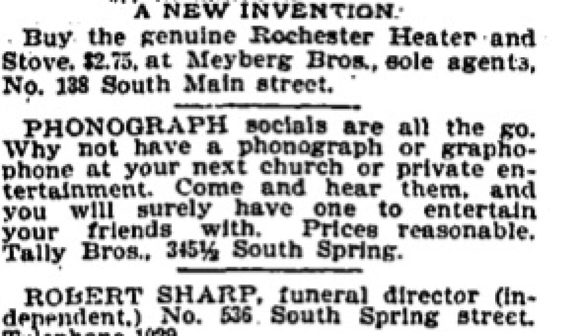 Tally Bros. ad for phonograph demos in 1893.