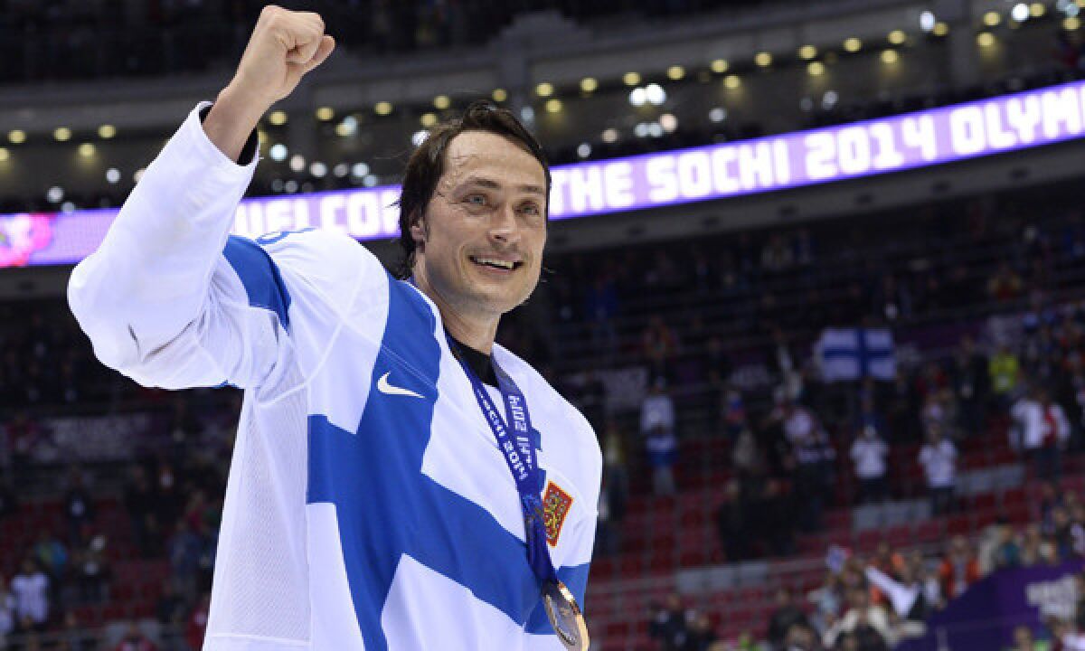 Ducks forward Teemu Selanne celebrates after leading Finland to a bronze-medal finish at the Sochi Winter Olympic Games on Feb. 22.