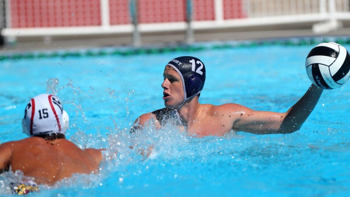 Newport Harbor High's Tommy Kennedy, right, seen looking to pass at Studio City Harvard-Westlake on Sept. 14, scored six goals against Dana Hills on Thursday.