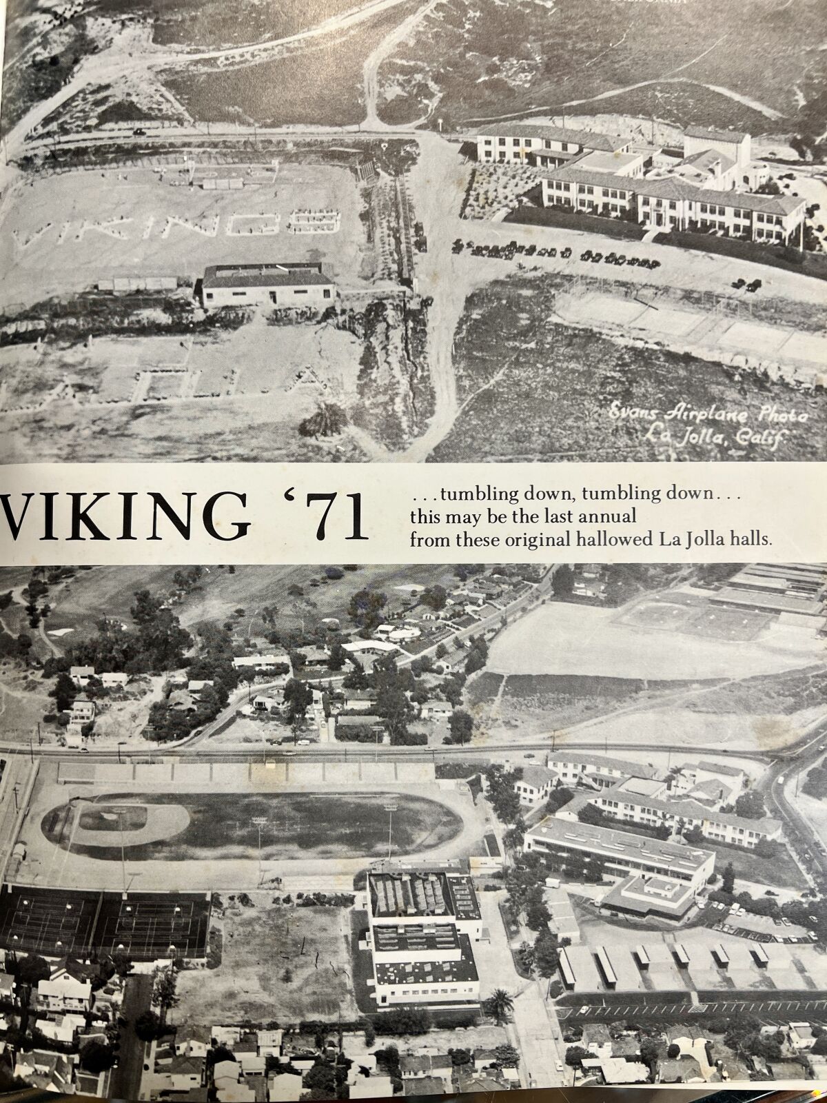 A page from the 1971 La Jolla High School yearbook shows the campus that year (bottom) compared with decades before.  