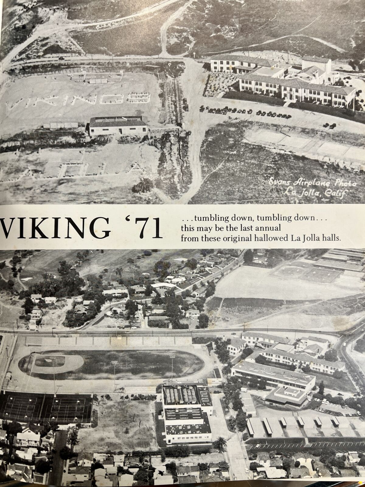 A page from the 1971 La Jolla High School yearbook shows the campus that year (bottom) compared with decades before.