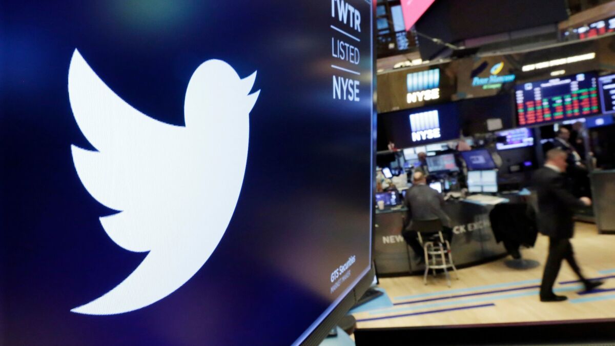 The Twitter logo at the New York Stock Exchange.