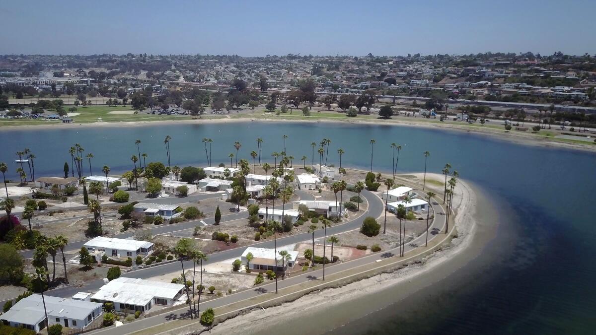Aerial photo of the abandoned De Anza Cove mobile home park on the north end of Mission Bay.