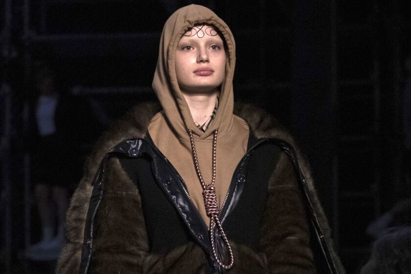 This Feb. 17, 2019 photo shows a model wearing a creation by Burberry at the Autumn/Winter 2019 fashion week runway show in London. The chief executive and chief creative officer of luxury powerhouse Burberry have apologized for putting a hoodie with strings tied in the shape of a noose on their London Fashion Week runway. Marco Gobbetti, the brands CEO, said in a statement that Burberry is deeply sorry for the distress the shirt has caused and has removed it from the autumn-winter collection. Riccardo Tisci, Burberrys creative director, also apologized. He said while the design was inspired by a nautical theme, I realize that it was insensitive. (Photo by Vianney Le Caer/Invision/AP)
