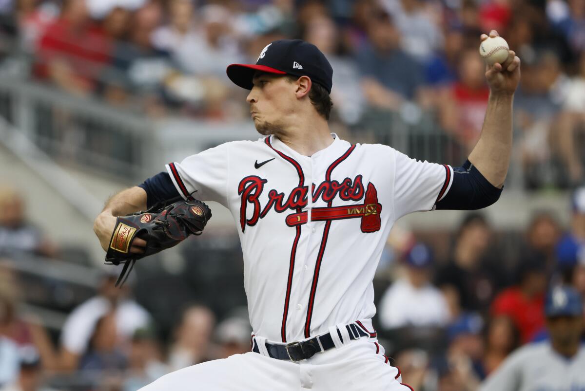 Atlanta Braves starting pitcher Max Fried delivers against the Dodgers on Saturday.