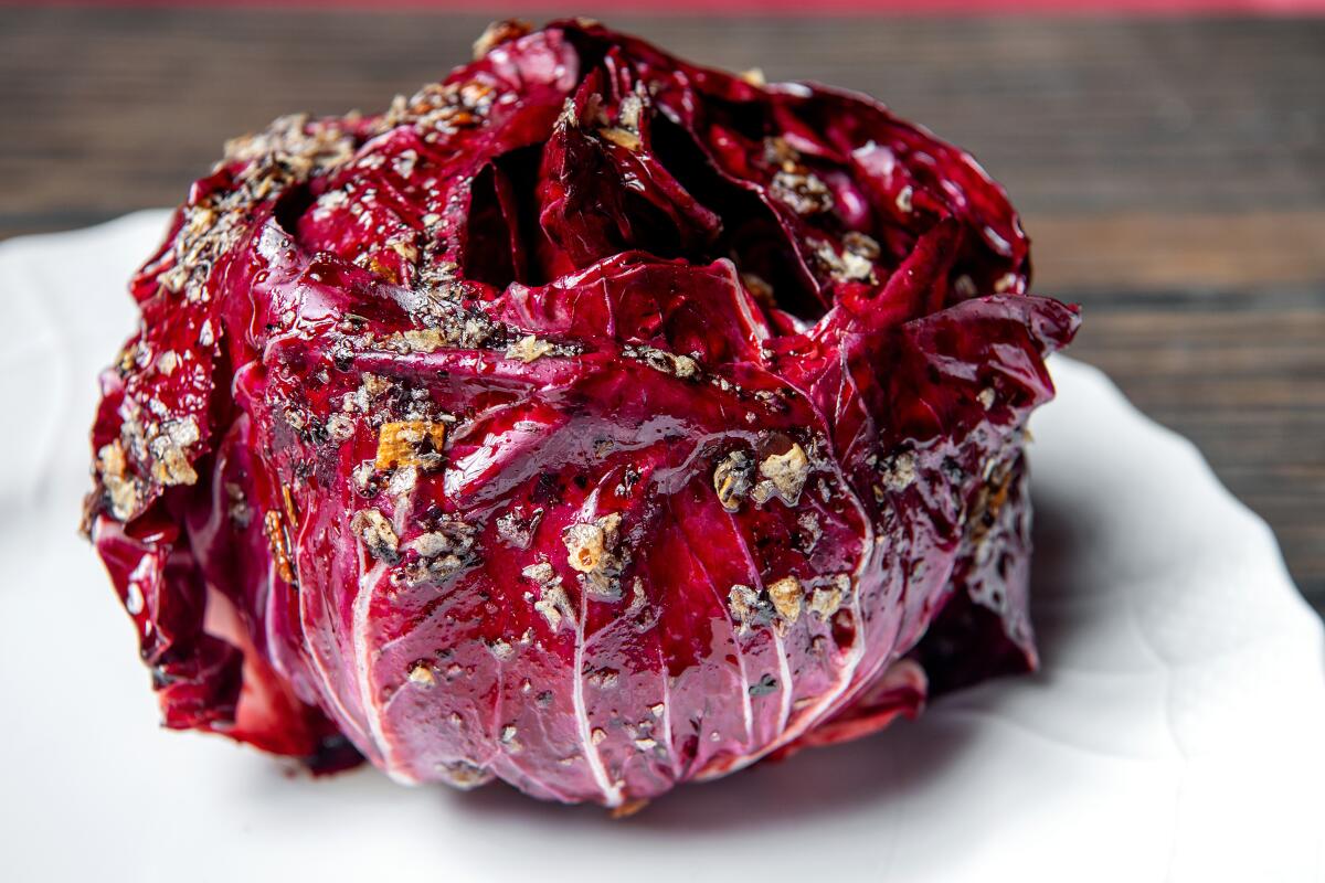 Radicchio salad with a dressing made from the tougher outer leaves, garlic and grilled shallots