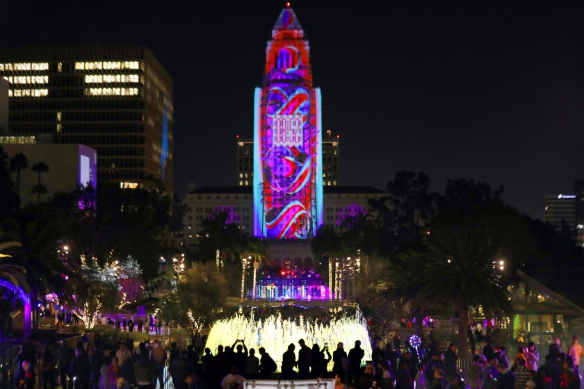 Colorful projections on Los Angeles City Hall were seen by thousands at NYELA 2019 in Grand Park.