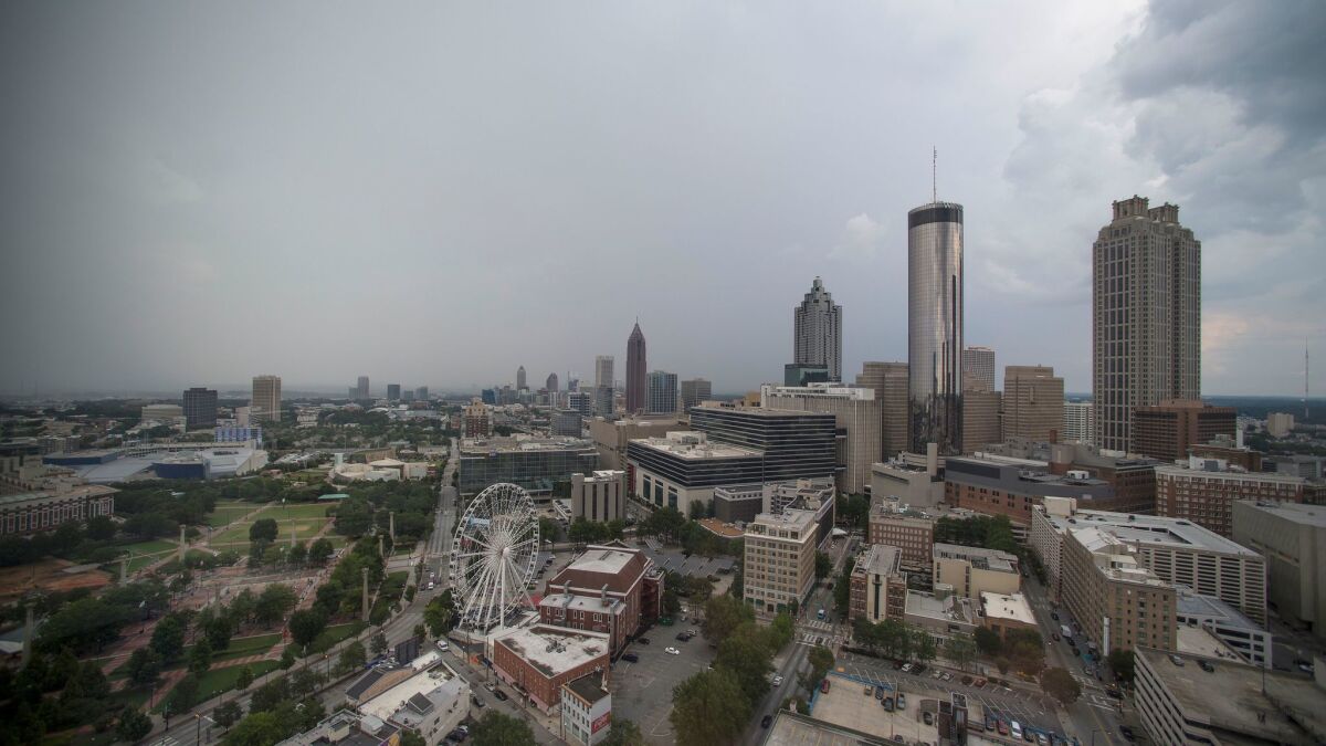 Atlanta's skyline on Monday. Storms are not unusual in the city in the summer.